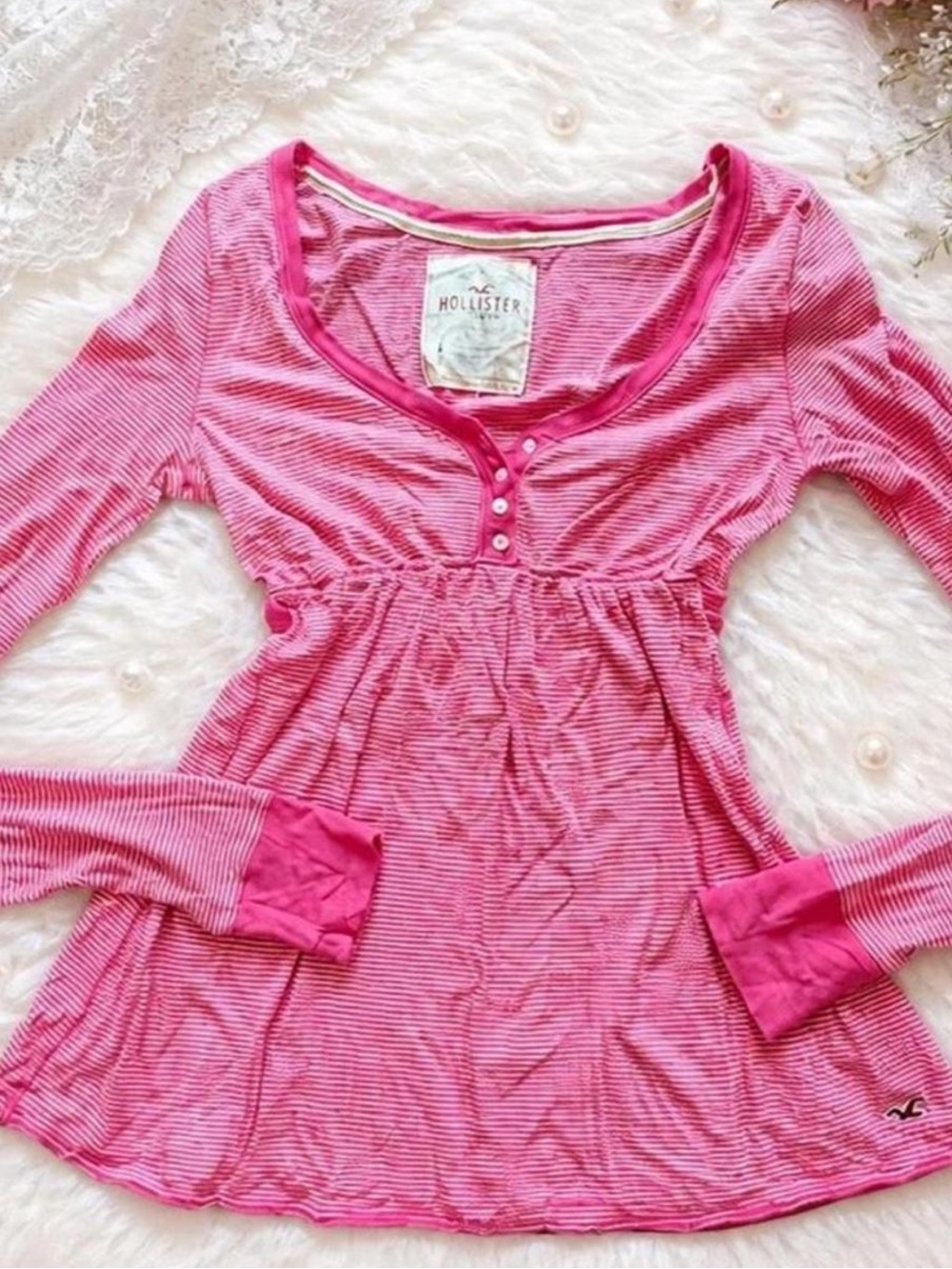Y2K Hollister Pink Striped Long Sleeve Babydoll Top
